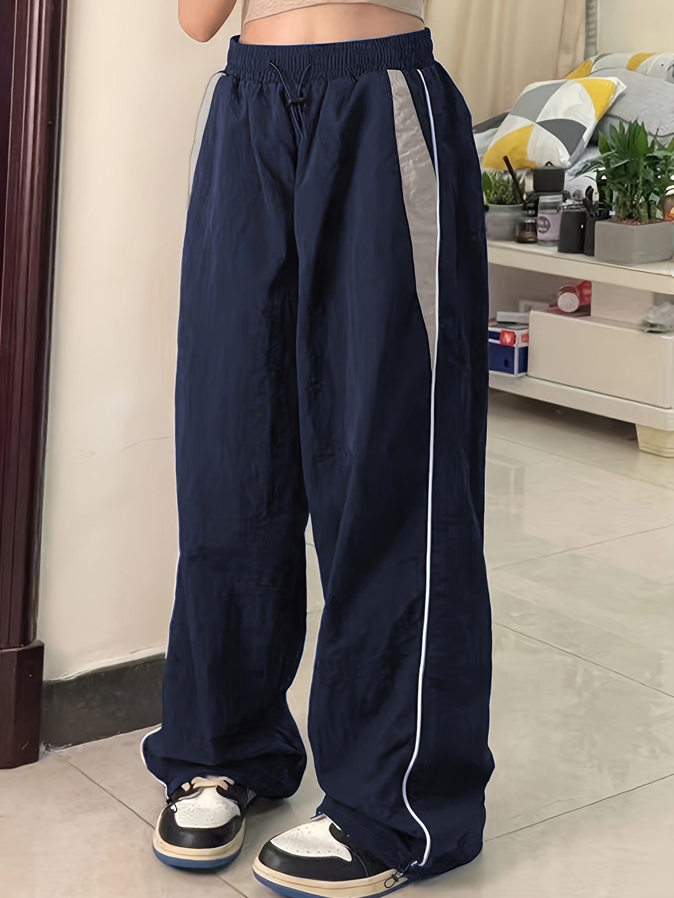 Parachute Pants Elastic Waist Color Collision Piping Workwear Sports Wide Leg Pants