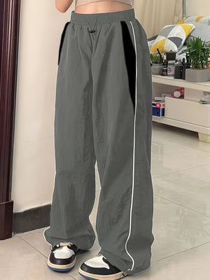 Parachute Pants Elastic Waist Color Collision Piping Workwear Sports Wide Leg Pants