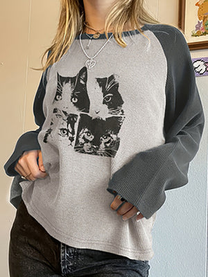 Casual street style Y2K loose color clashing cat print shoulder sleeve round neck T-shirt