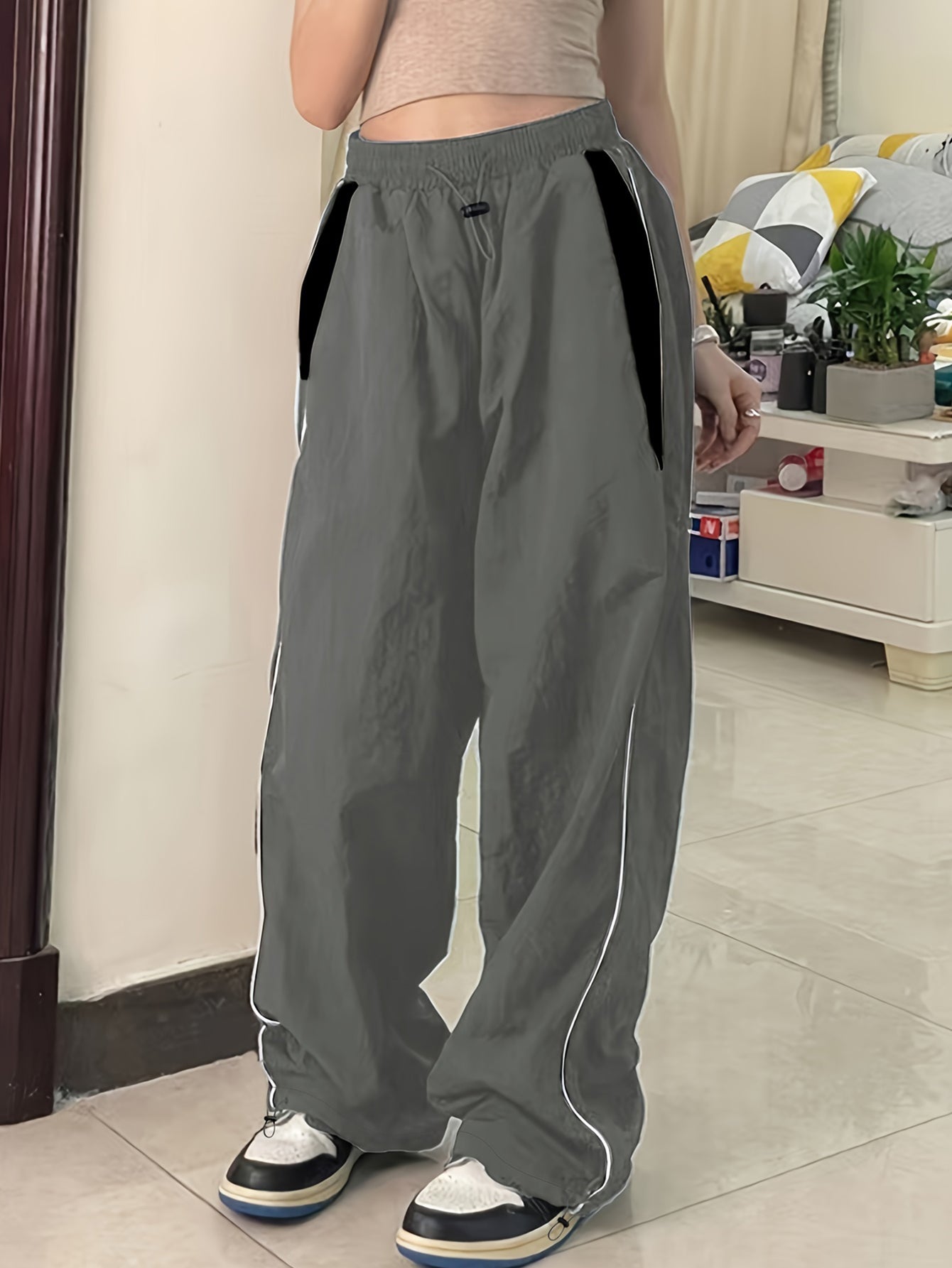 Parachute Pants Elastic Waist Color Collision Piping Workwear Sports Wide Leg Pants