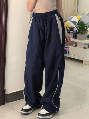 Parachute Pants Elastic Waist Color Collision Piping Workwear Sports Wide Leg Pants