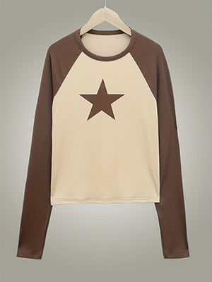 Fashion street retro star print color blocking long sleeve T-shirt