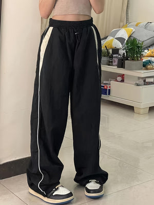 Parachute Pants Elastic Waist Color Collision Piping Workwear Sports Wide Leg Pants