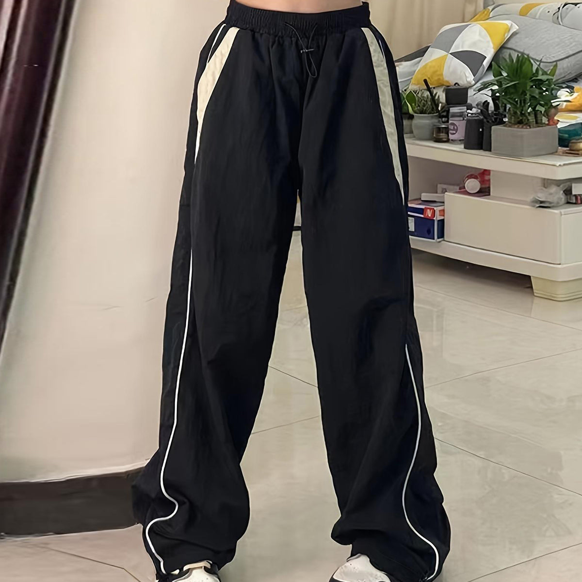 Parachute Pants Elastic Waist Color Collision Piping Workwear Sports Wide Leg Pants