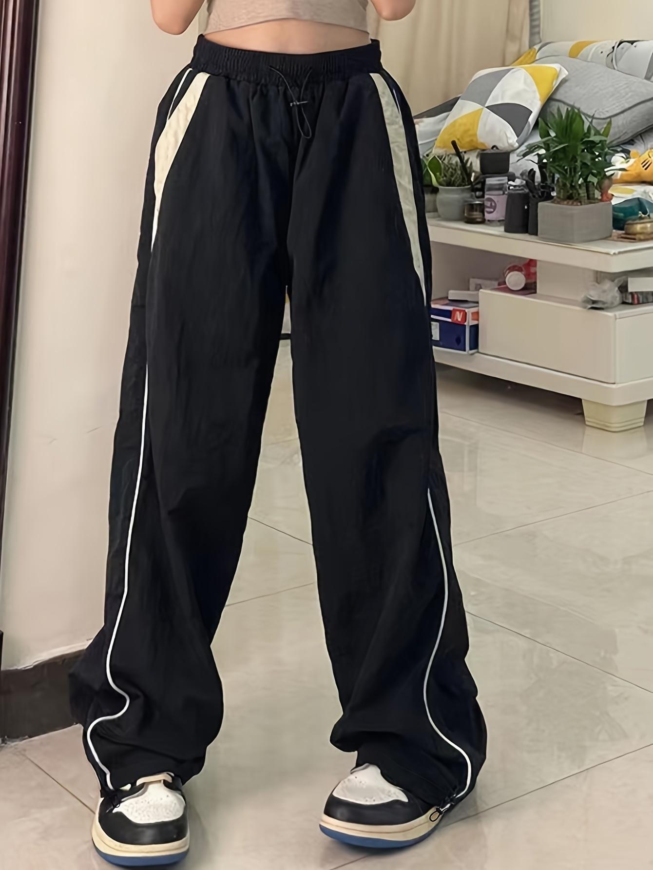 Parachute Pants Elastic Waist Color Collision Piping Workwear Sports Wide Leg Pants