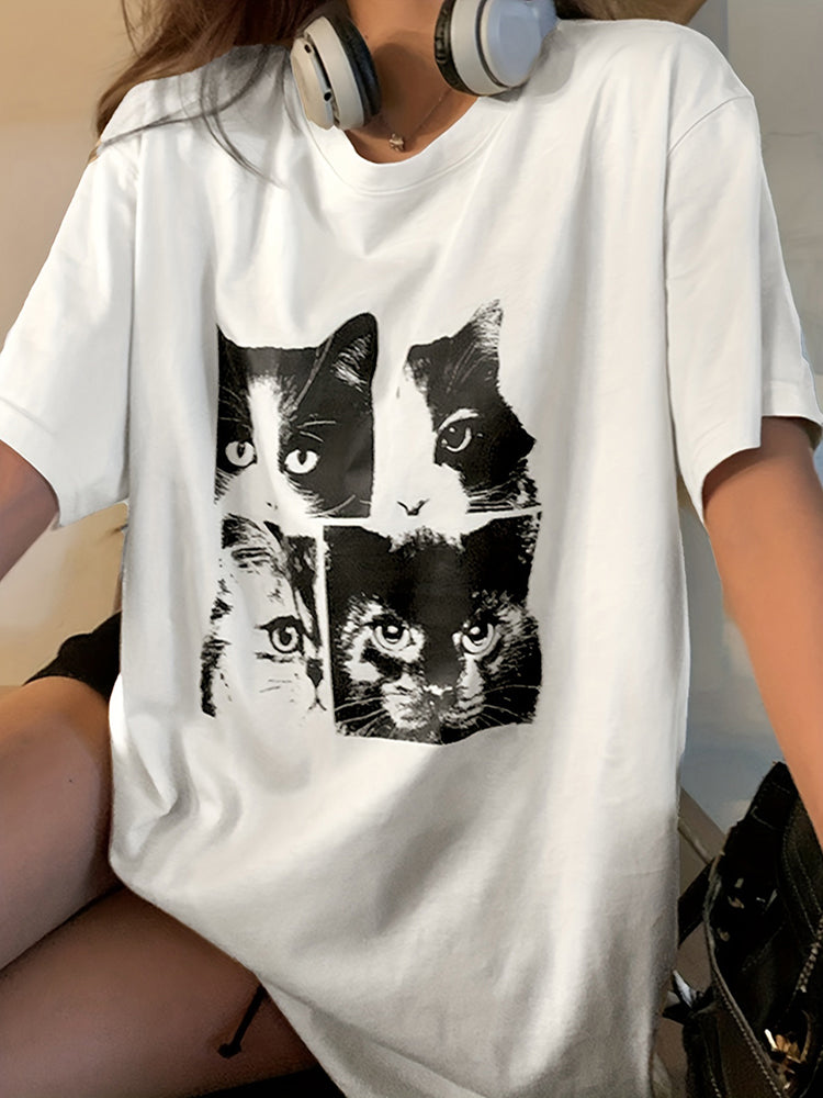 Young solid color summer cat print loose round neck T-shirt