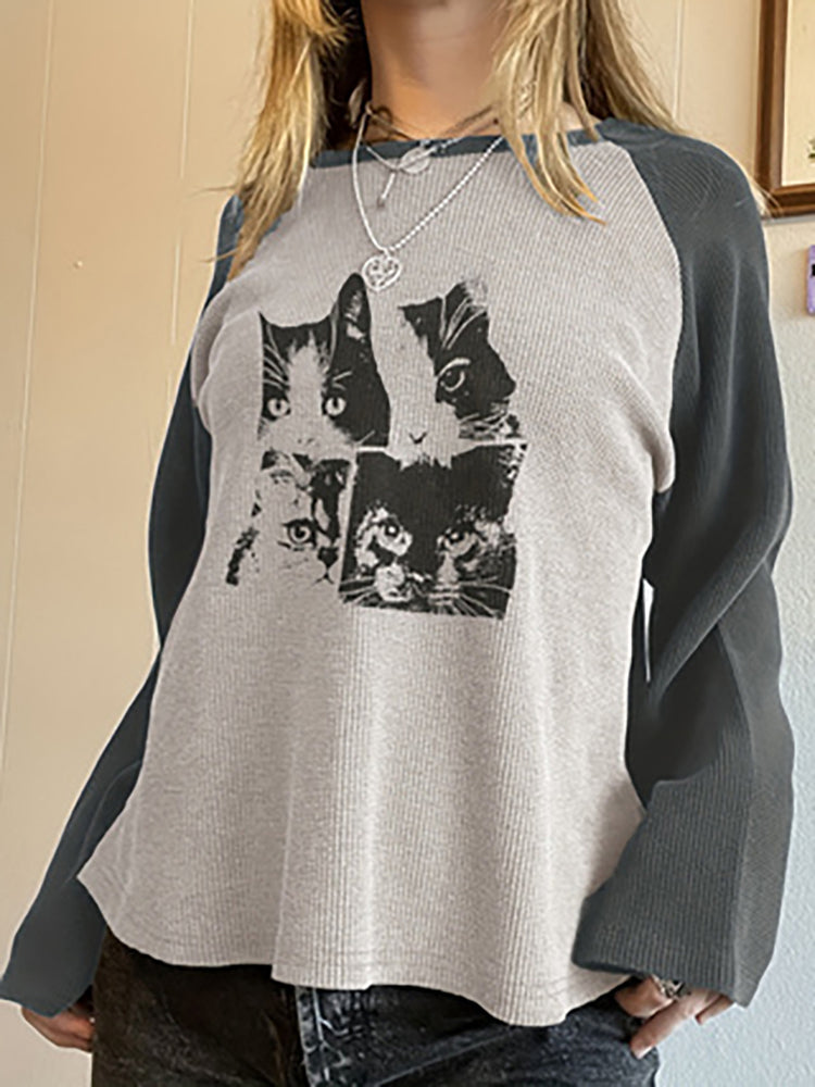 Casual street style Y2K loose color clashing cat print shoulder sleeve round neck T-shirt