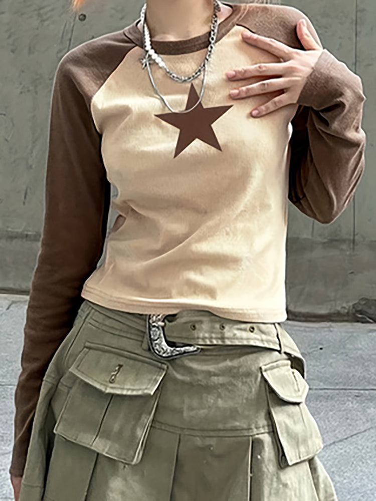 Fashion street retro star print color blocking long sleeve T-shirt