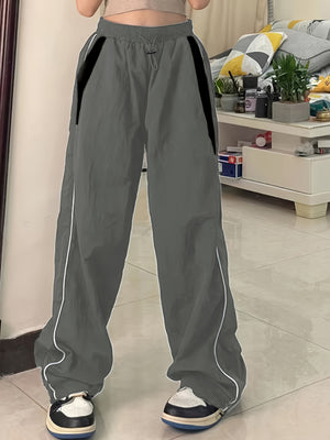 Parachute Pants Elastic Waist Color Collision Piping Workwear Sports Wide Leg Pants