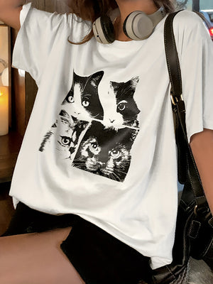 Young solid color summer cat print loose round neck T-shirt