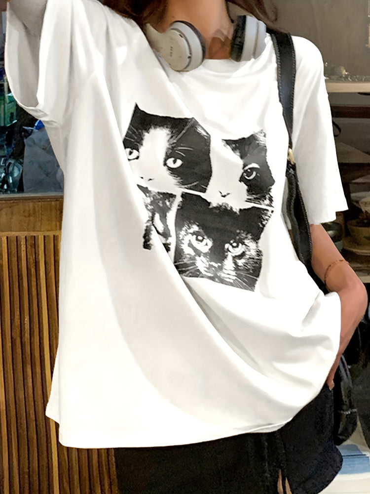 Young solid color summer cat print loose round neck T-shirt