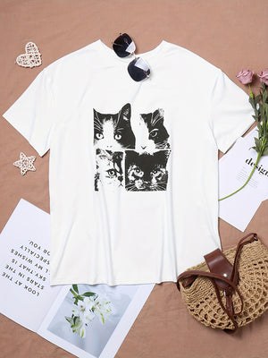 Young solid color summer cat print loose round neck T-shirt