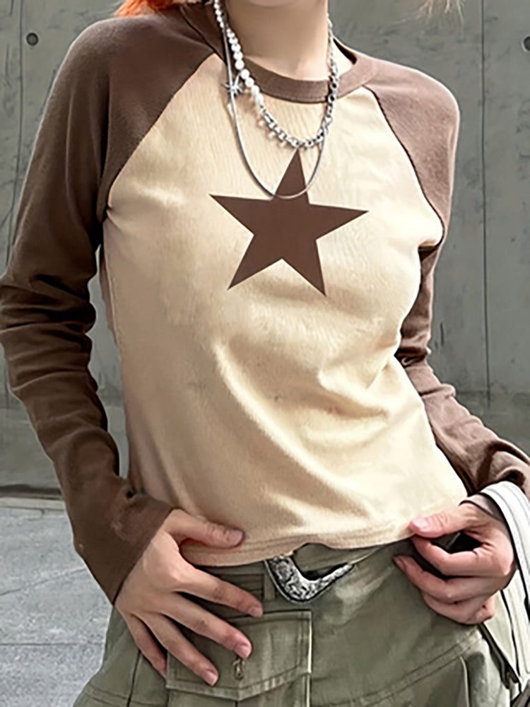 Fashion street retro star print color blocking long sleeve T-shirt