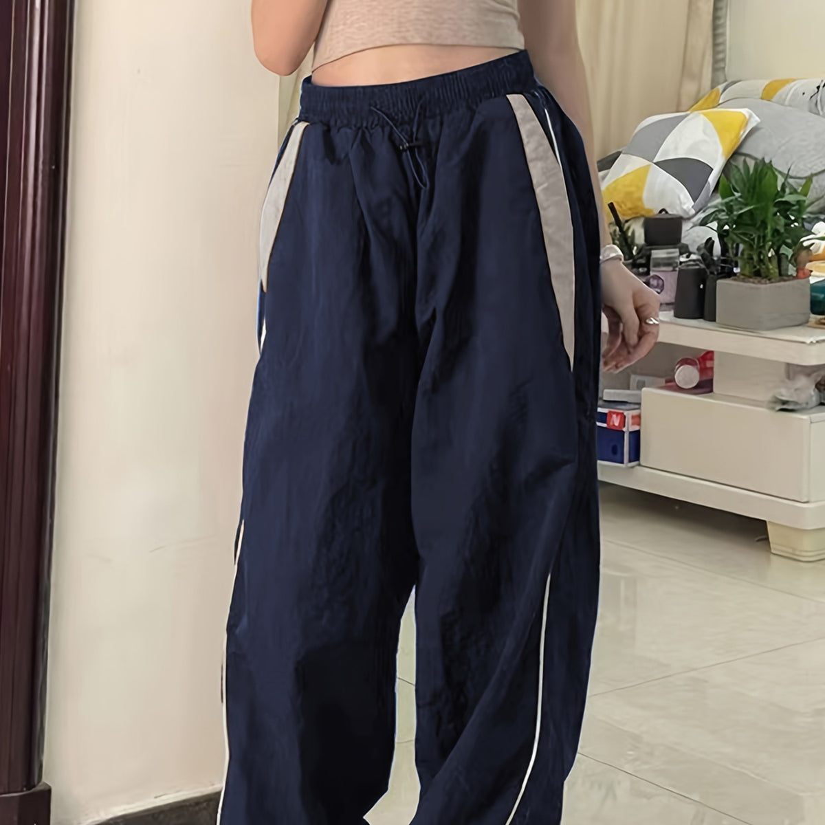 Parachute Pants Elastic Waist Color Collision Piping Workwear Sports Wide Leg Pants