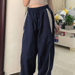 Parachute Pants Elastic Waist Color Collision Piping Workwear Sports Wide Leg Pants