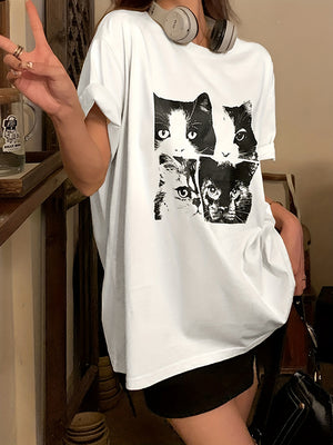 Young solid color summer cat print loose round neck T-shirt